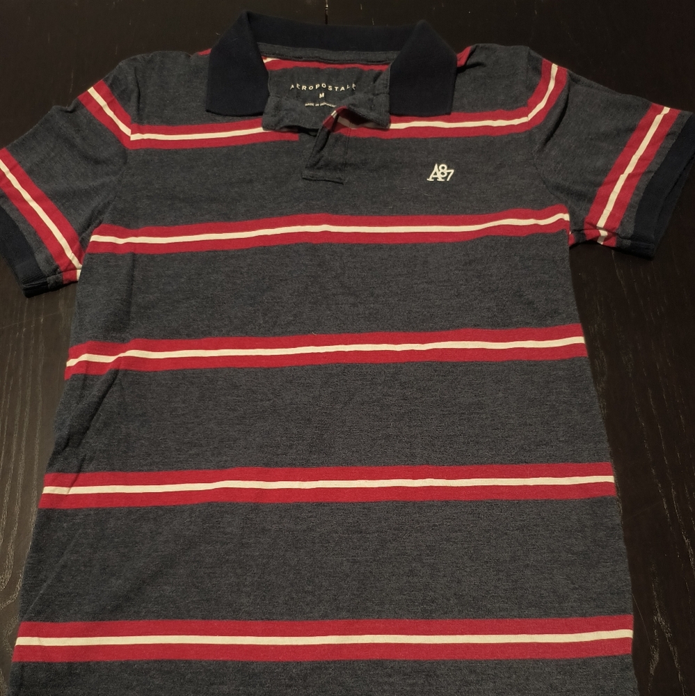 Aeropostale Polo Shirt A87 Grey and Red Striped   Short Sleeve Medium